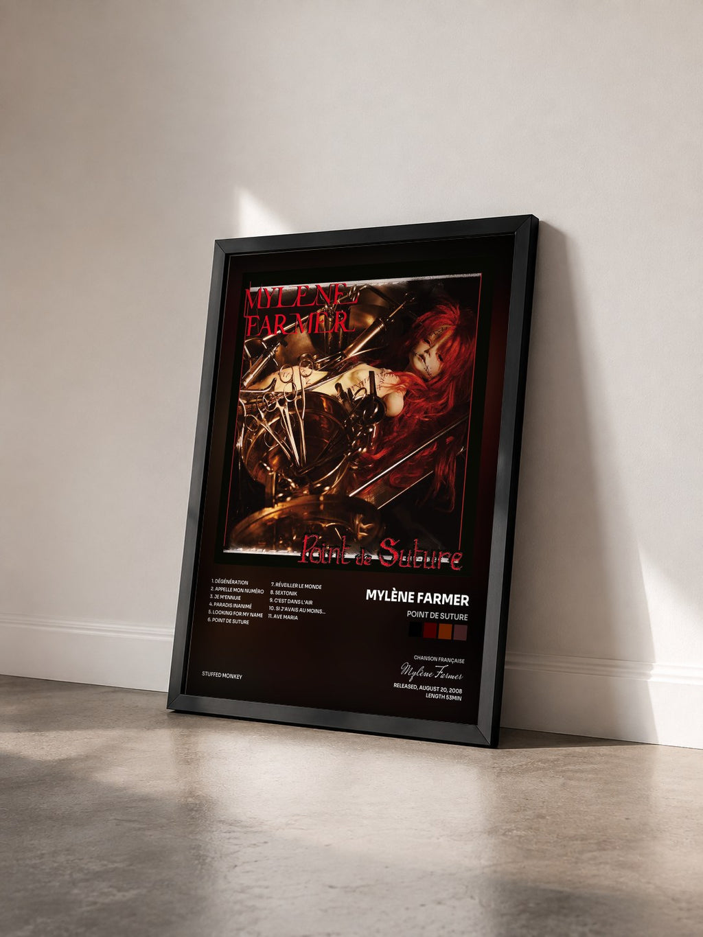 #noir Point by suture de Mylène Farmer as a framed art print seen at an angle, black frame