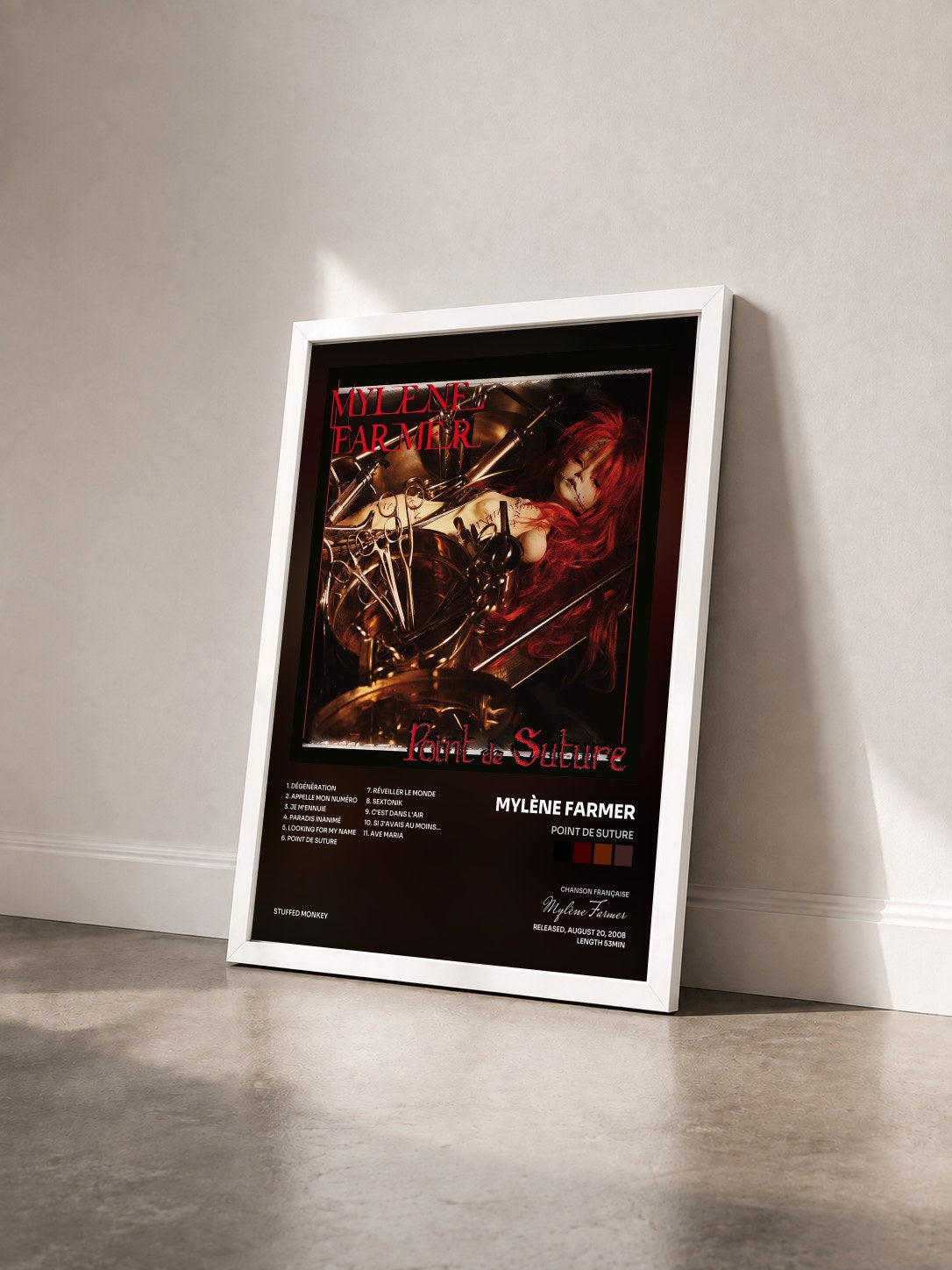 #blanc Tableau de l'album Point de suture de Mylène Farmer vu de trois quarts, cadre blanc