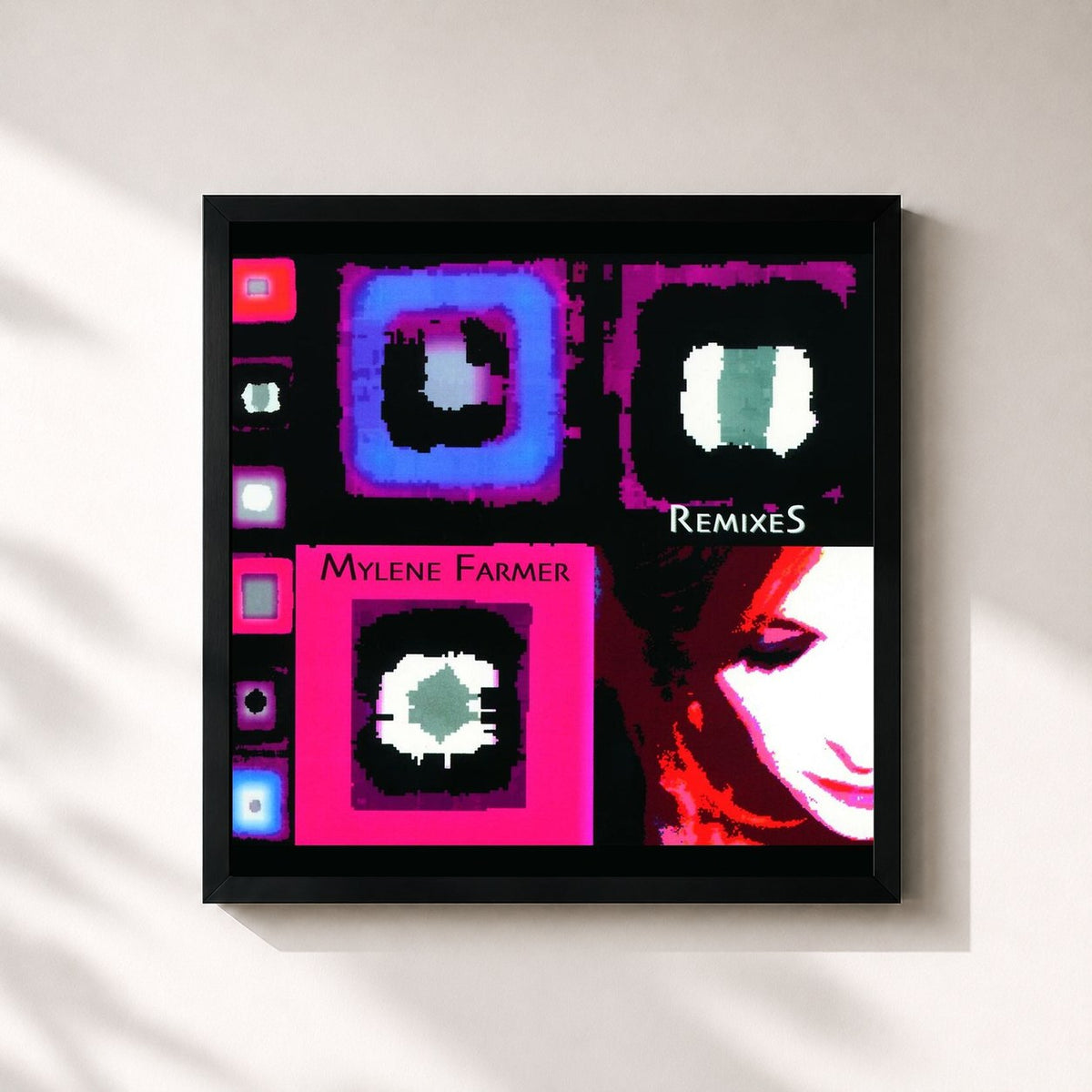 #noir Tableau carré de l'album Remixes de Mylène Farmer, cadre noir 32x32 cm