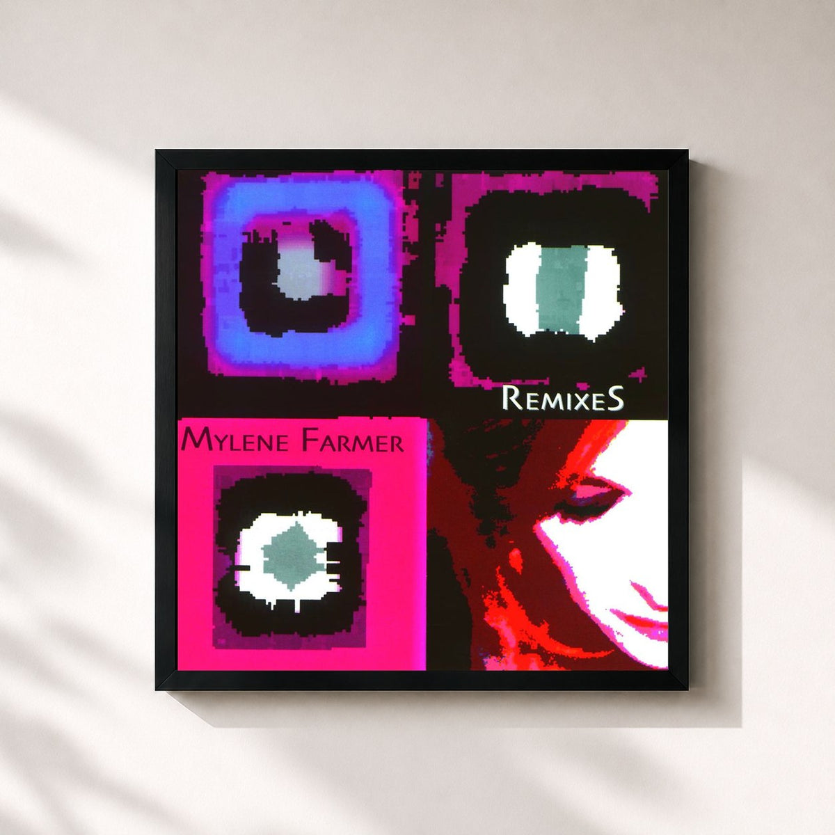 #noir Tableau carré de l'album Remixes 2003 de Mylène Farmer, cadre noir 32x32 cm