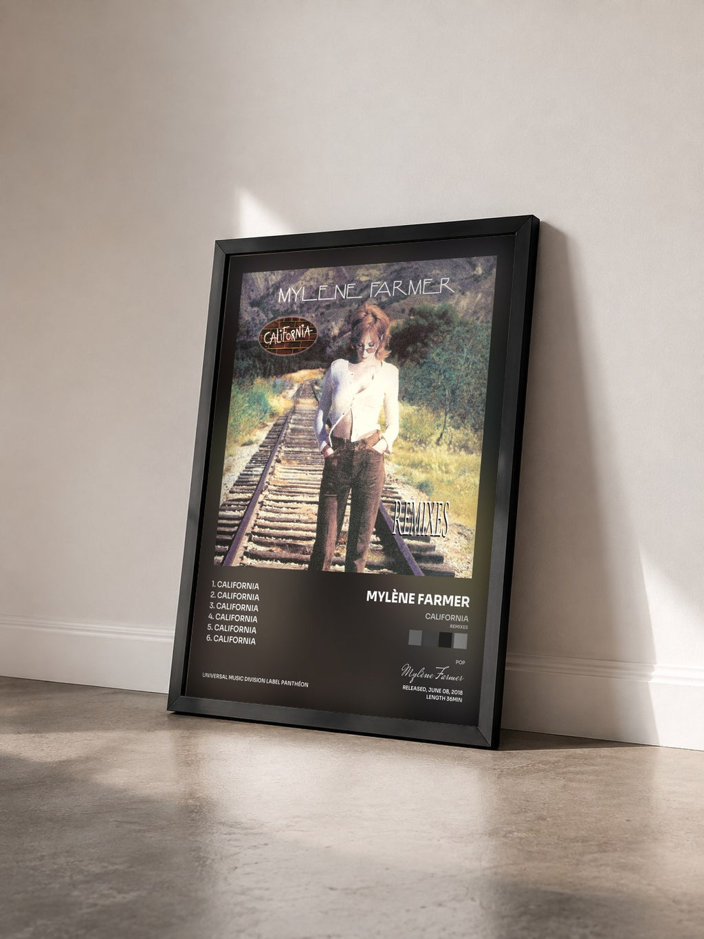 #noir California (Remixes) by Mylène Farmer as a framed art print seen at an angle, black frame