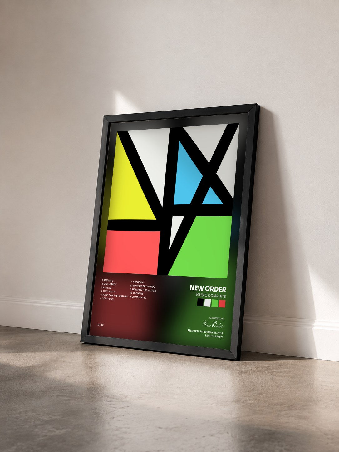 #noir Music Complete di New Order in stampa incorniciata vista di tre quarti, cornice nera