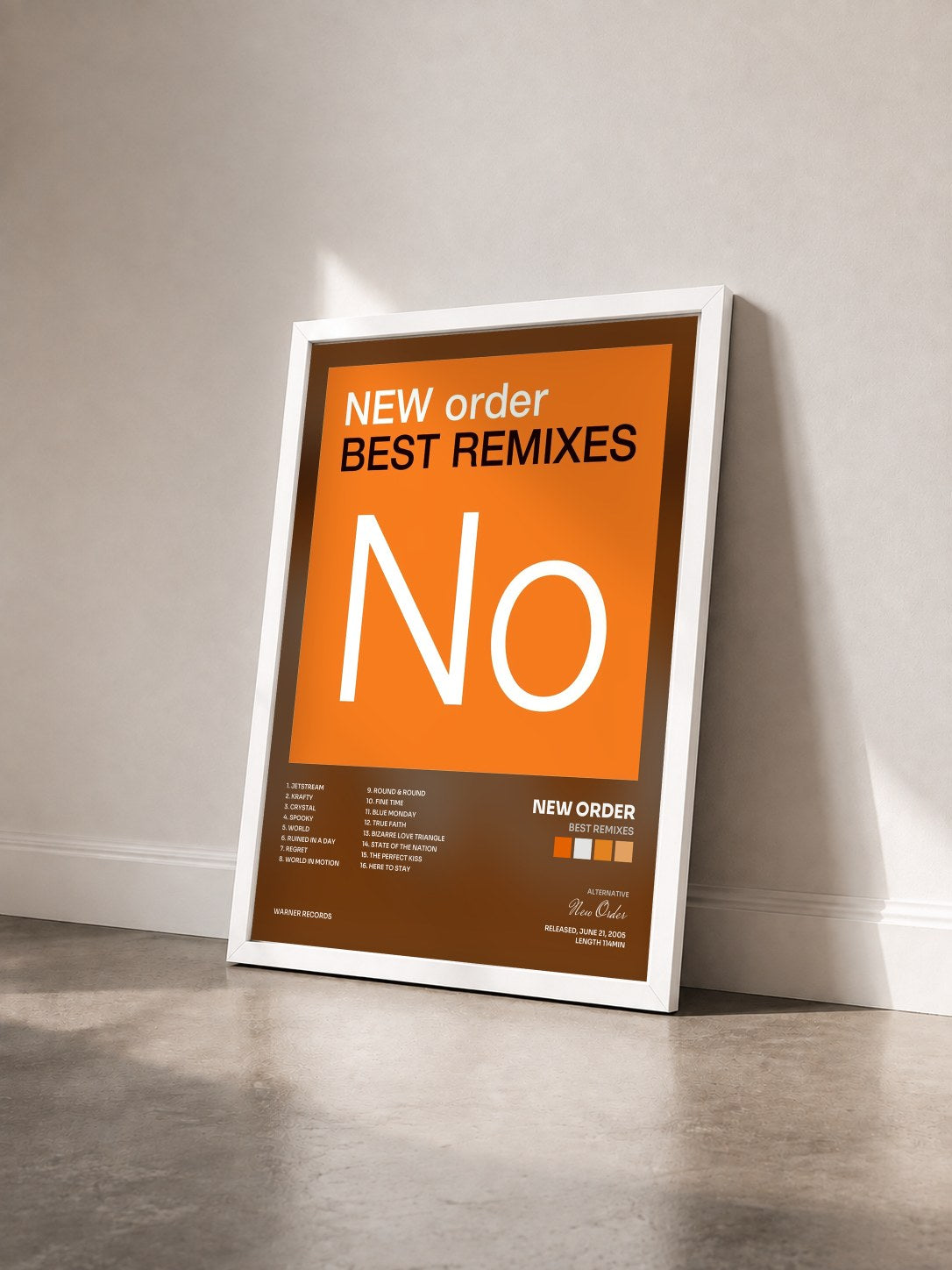 #blanc Best Remixes di New Order in stampa incorniciata vista di tre quarti, cornice bianca