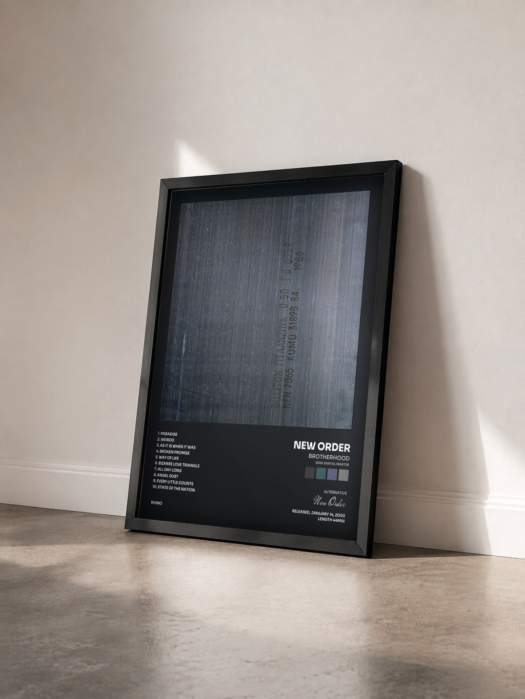 #noir Brotherhood (2024 Digital Master) by New Order as a framed art print seen at an angle, black frame