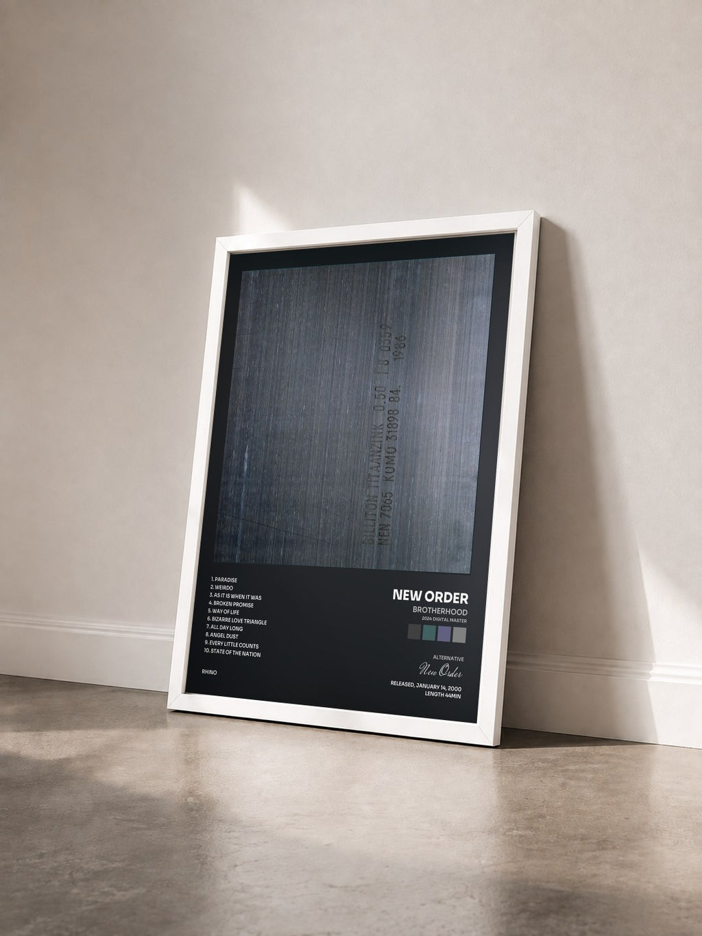 #blanc Brotherhood (2024 Digital Master) by New Order as a framed art print seen at an angle, white frame