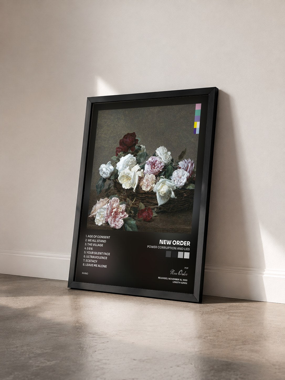 #noir Power Corruption and Lies di New Order in stampa incorniciata vista di tre quarti, cornice nera