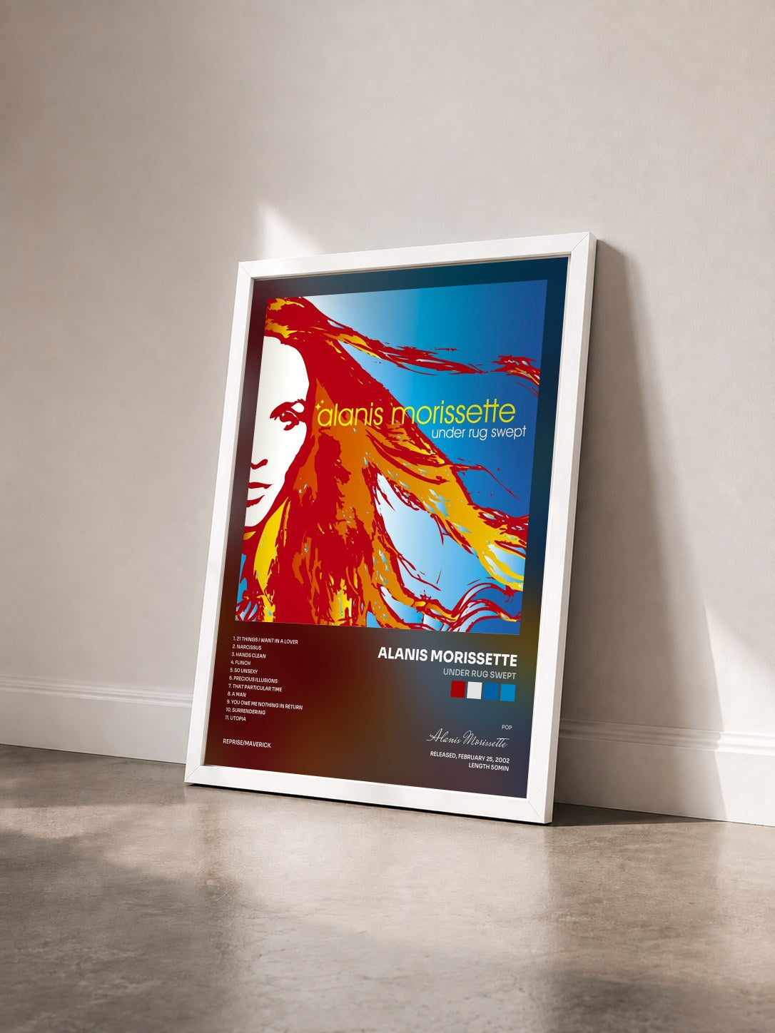 #blanc Tableau de l'album Under Rug Swept de Alanis Morissette vu de trois quarts, cadre blanc