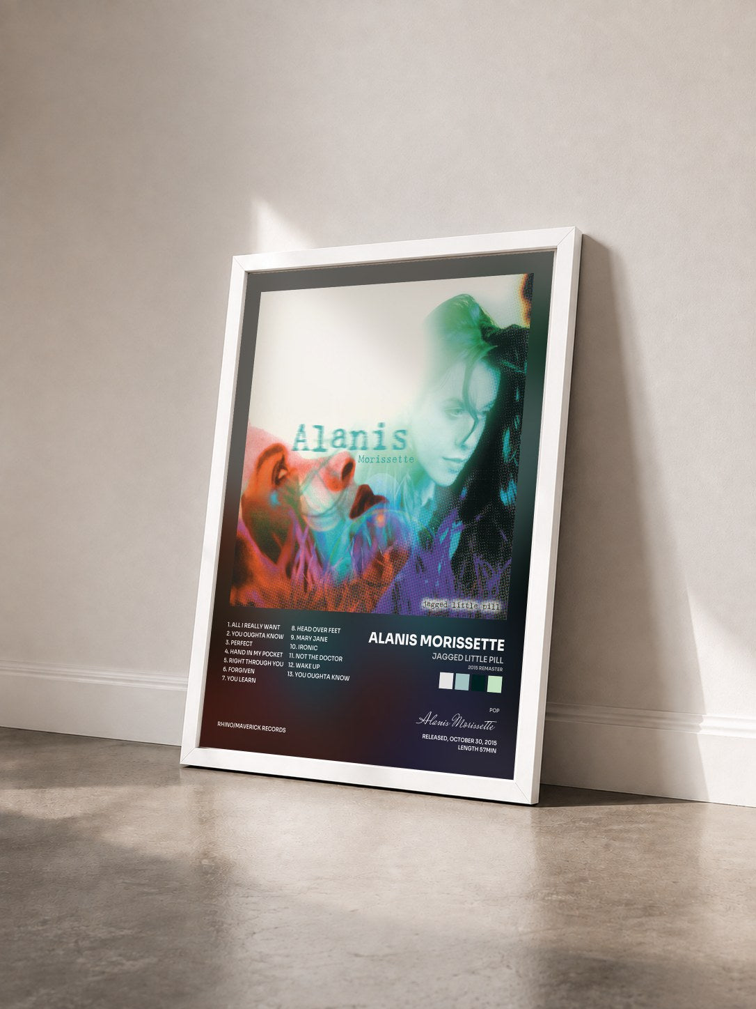 #blanc Jagged Little Pill (2015 Remaster) by Alanis Morissette as a framed art print seen at an angle, white frame