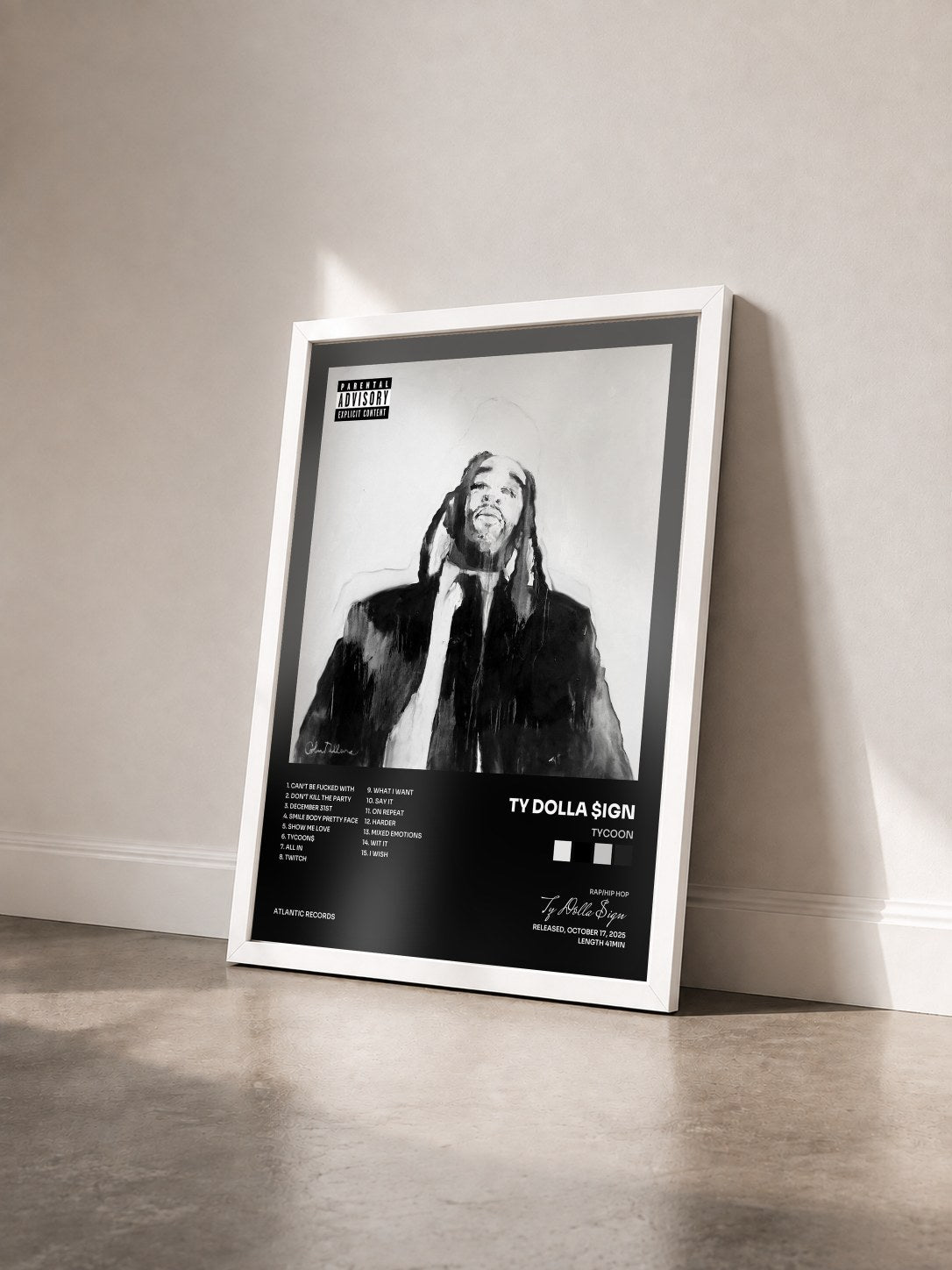 #blanc Tableau de l'album TYCOON de Ty Dolla $ign vu de trois quarts, cadre blanc