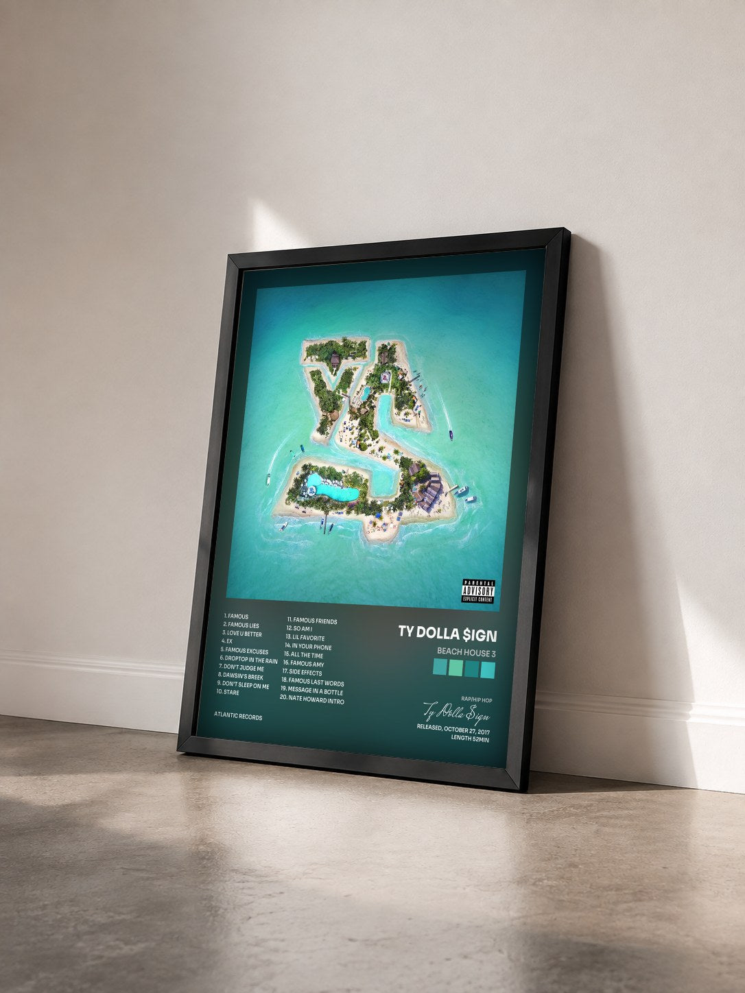 #noir Tableau de l'album Beach House 3 de Ty Dolla $ign vu de trois quarts, cadre noir