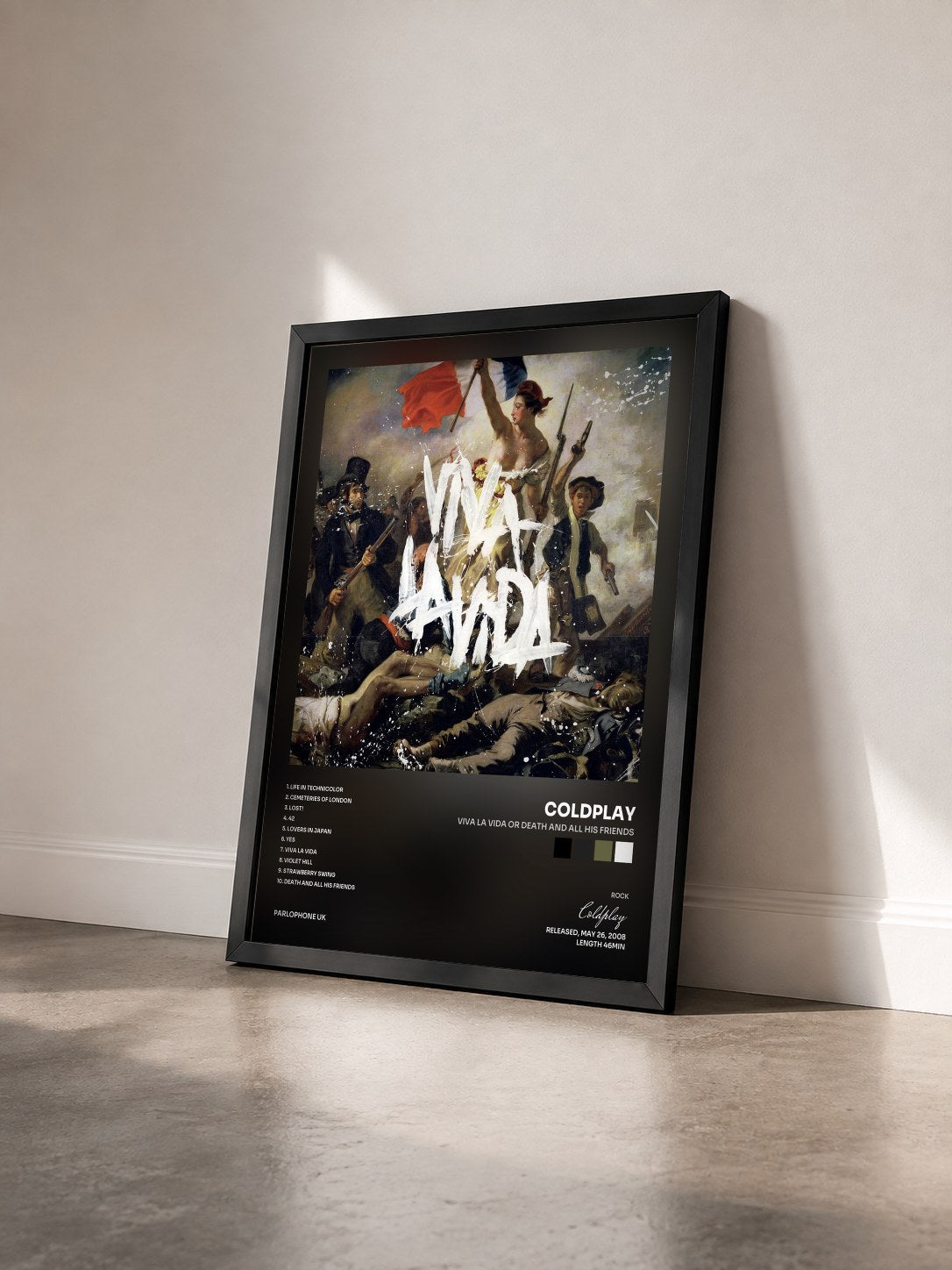 #noir Viva La Vida or Death and All His Friends by Coldplay as a framed art print seen at an angle, black frame