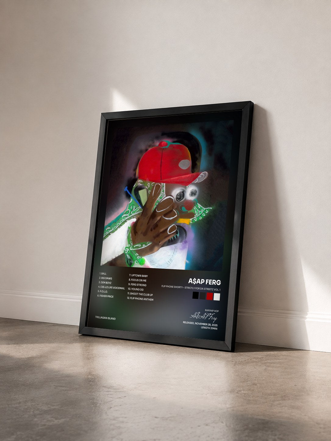 #noir Tableau de l'album FLIP PHONE SHORTY - STRICTLY FOR DA STREETZ VOL. 1 de A$AP Ferg vu de trois quarts, cadre noir