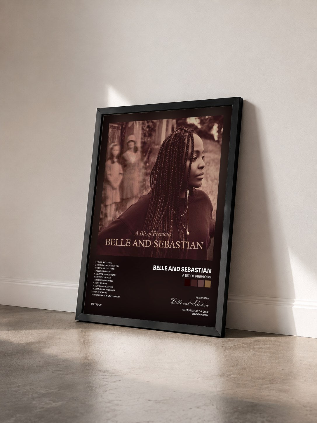 #noir Tableau de l'album A Bit of Previous de Belle and Sebastian vu de trois quarts, cadre noir