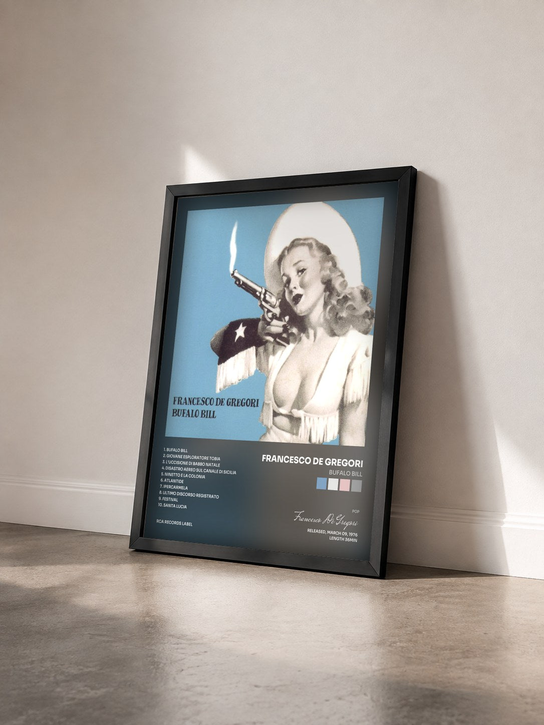 #noir Tableau de l'album Bufalo Bill de Francesco De Gregori vu de trois quarts, cadre noir