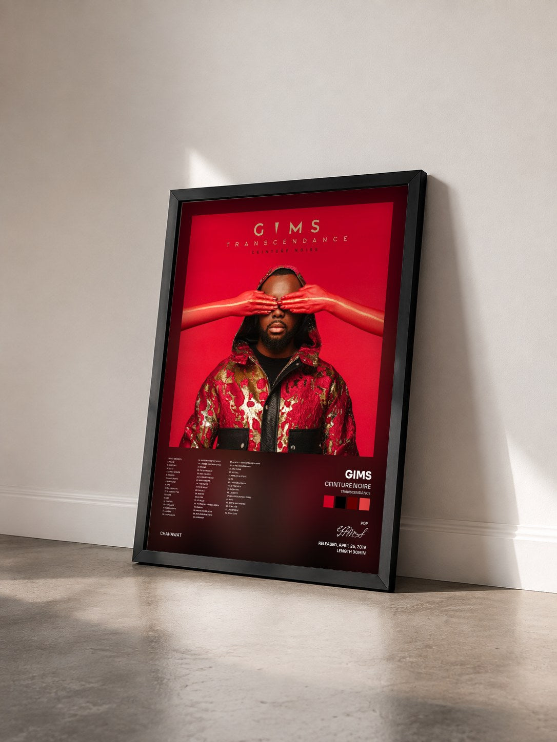#noir Tableau de l'album Ceinture noire (Transcendance) de GIMS vu de trois quarts, cadre noir