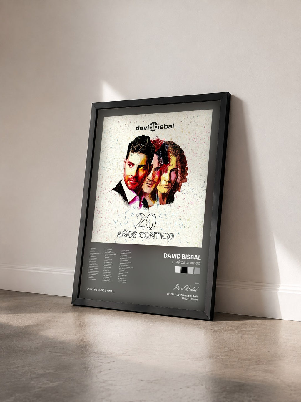 #noir Tableau de l'album 20 Años Contigo de David Bisbal vu de trois quarts, cadre noir