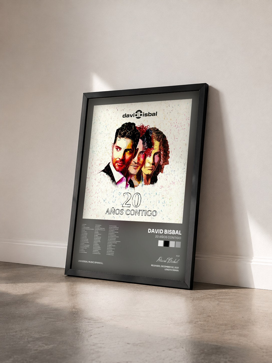#noir Tableau de l'album 20 Años Contigo de David Bisbal vu de trois quarts, cadre noir