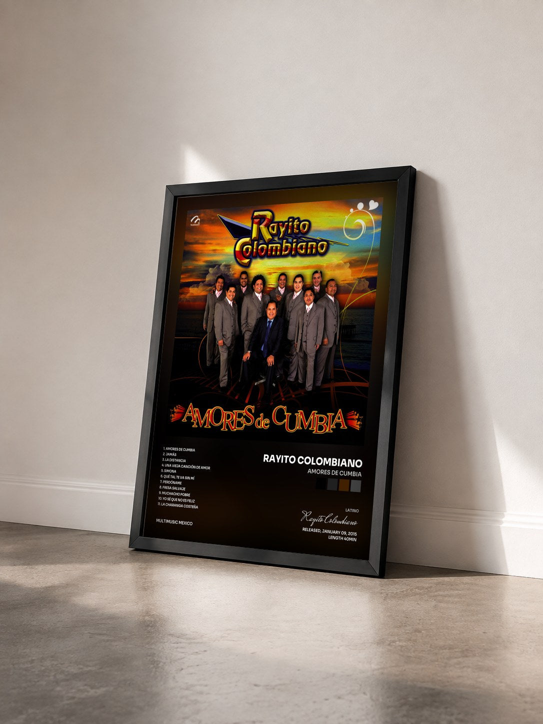 #noir Tableau de l'album Amores de Cumbia de Rayito Colombiano vu de trois quarts, cadre noir