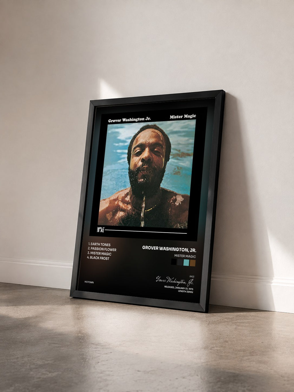 #noir Tableau de l'album Mister Magic de Grover Washington, Jr. vu de trois quarts, cadre noir