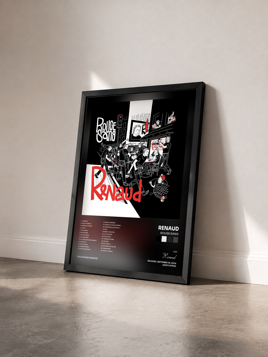 #noir Tableau de l'album Rouge Sang de Renaud vu de trois quarts, cadre noir