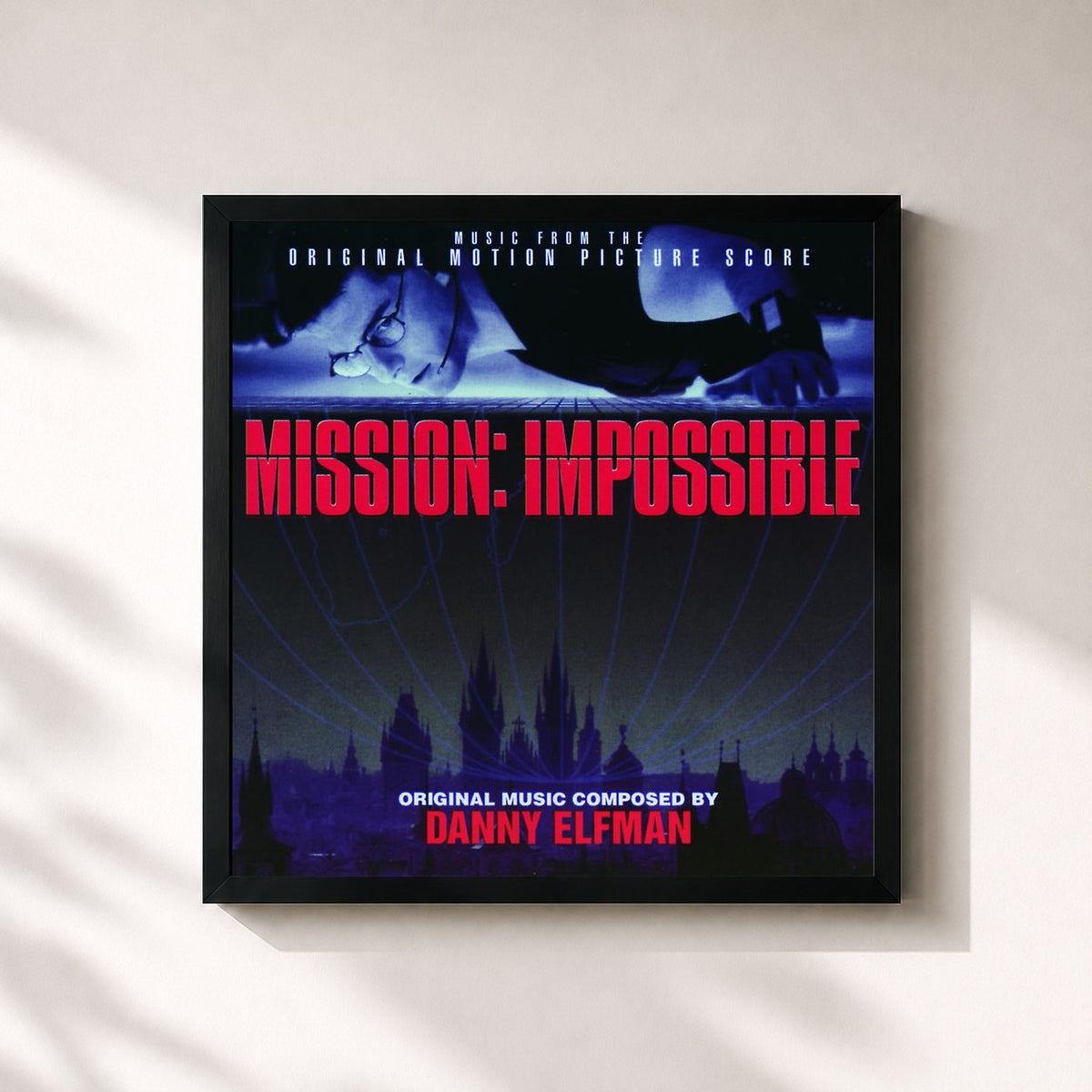 #noir Tableau carré de l'album Mission Impossible (Music From The Original Motion Picture Score) de Danny Elfman, cadre noir 32x32 cm