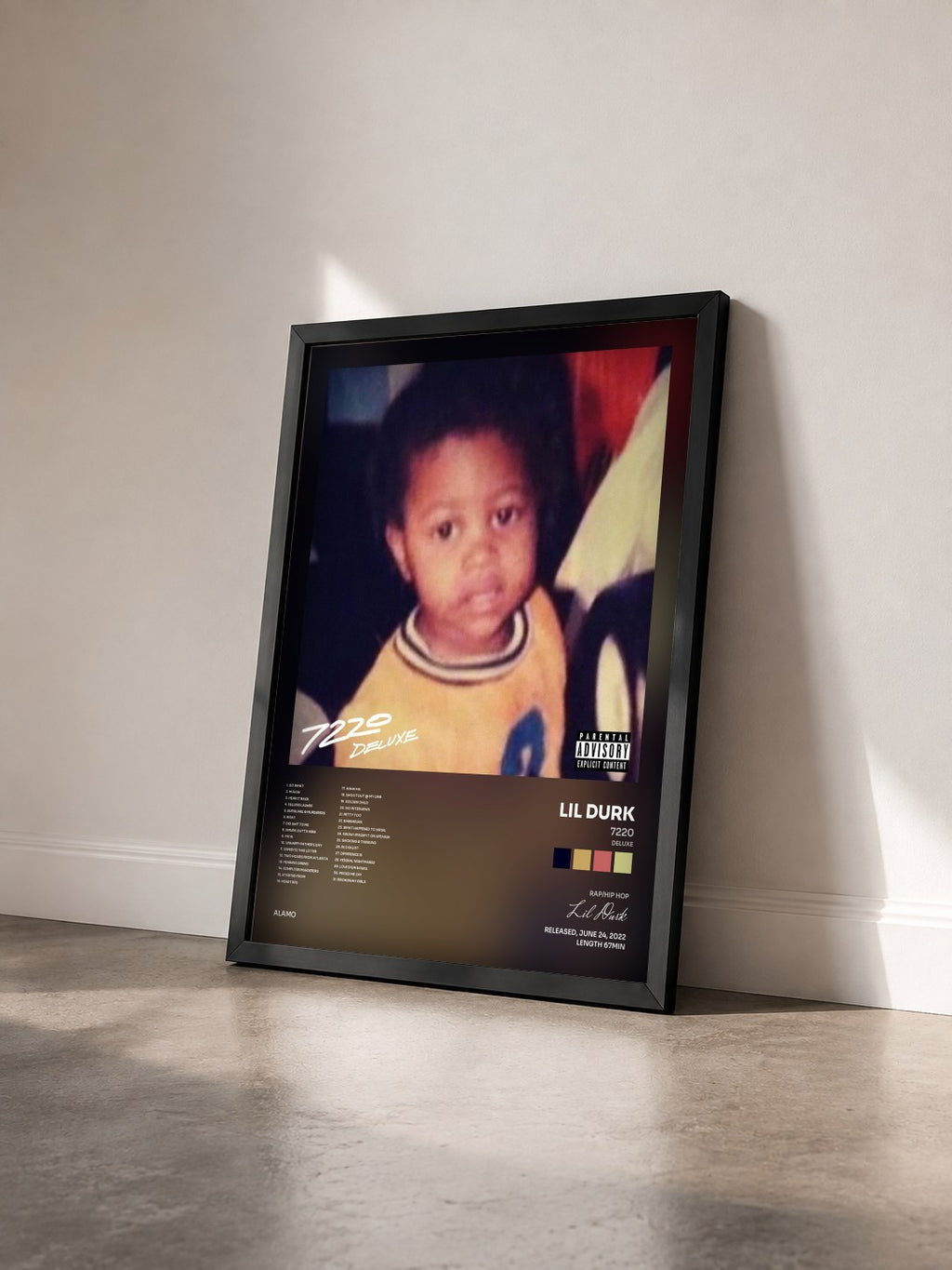 #noir 7220 (Deluxe) di Lil Durk in stampa incorniciata vista di tre quarti, cornice nera