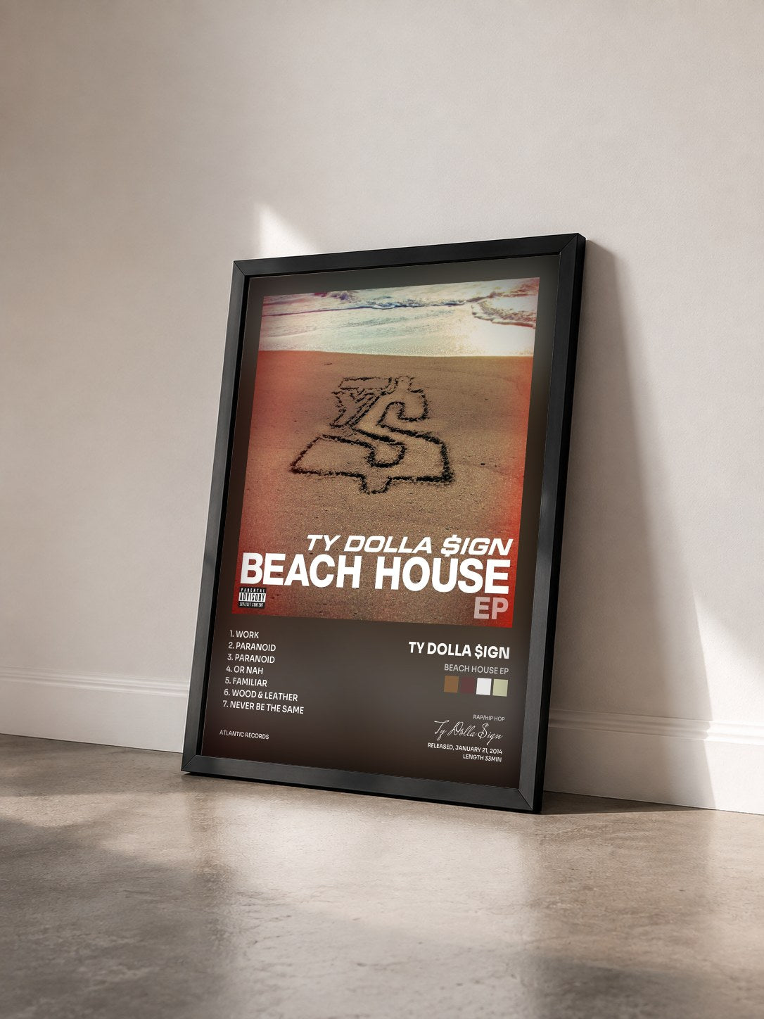 #noir Tableau de l'album Beach House EP de Ty Dolla $ign vu de trois quarts, cadre noir