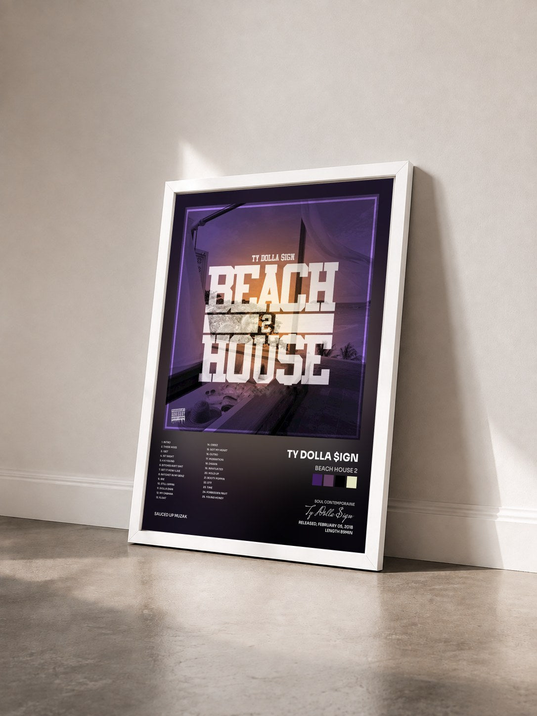 #blanc Tableau de l'album Beach House 2 de Ty Dolla $ign vu de trois quarts, cadre blanc