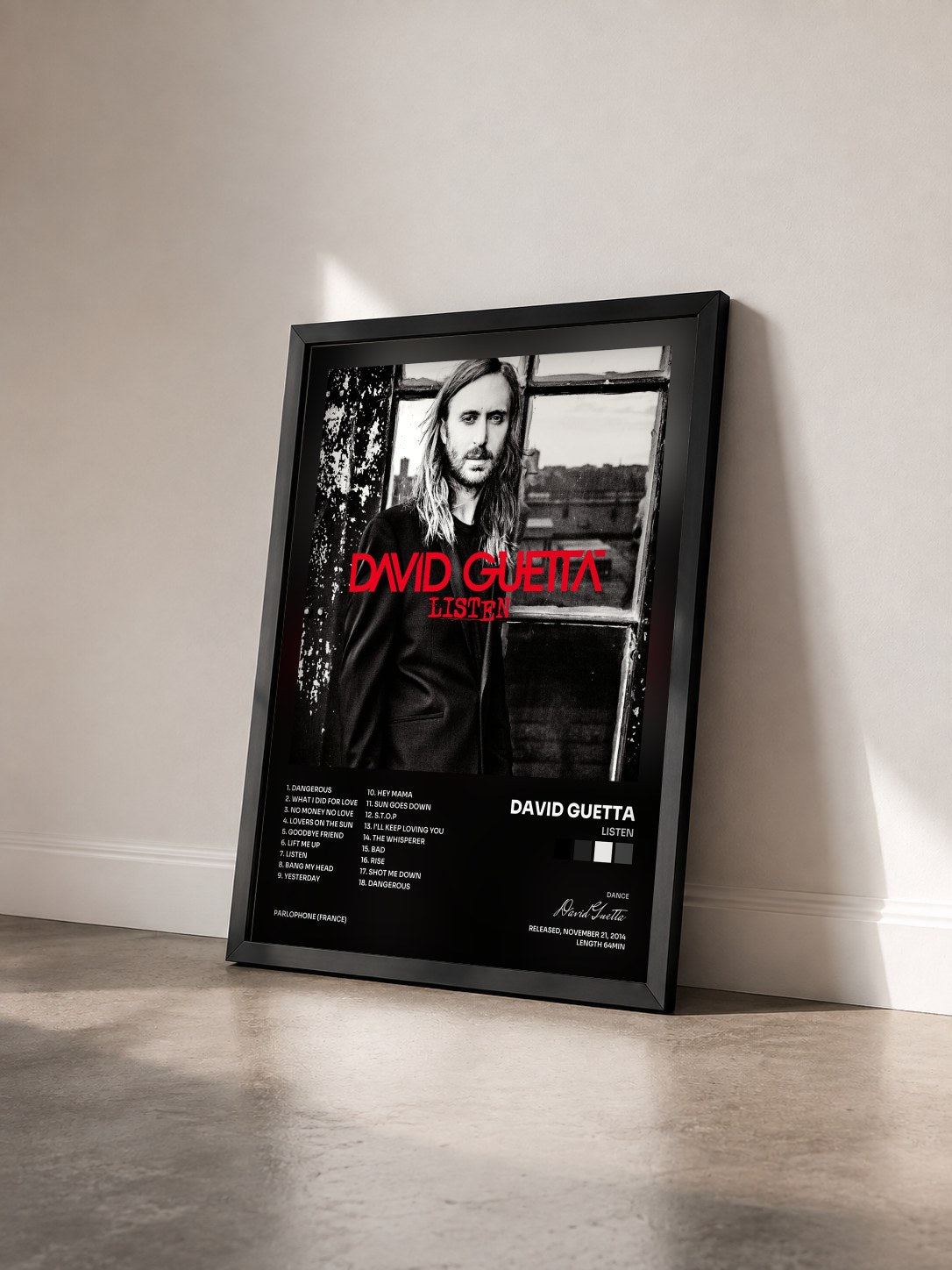 #noir Listen di David Guetta in stampa incorniciata vista di tre quarti, cornice nera