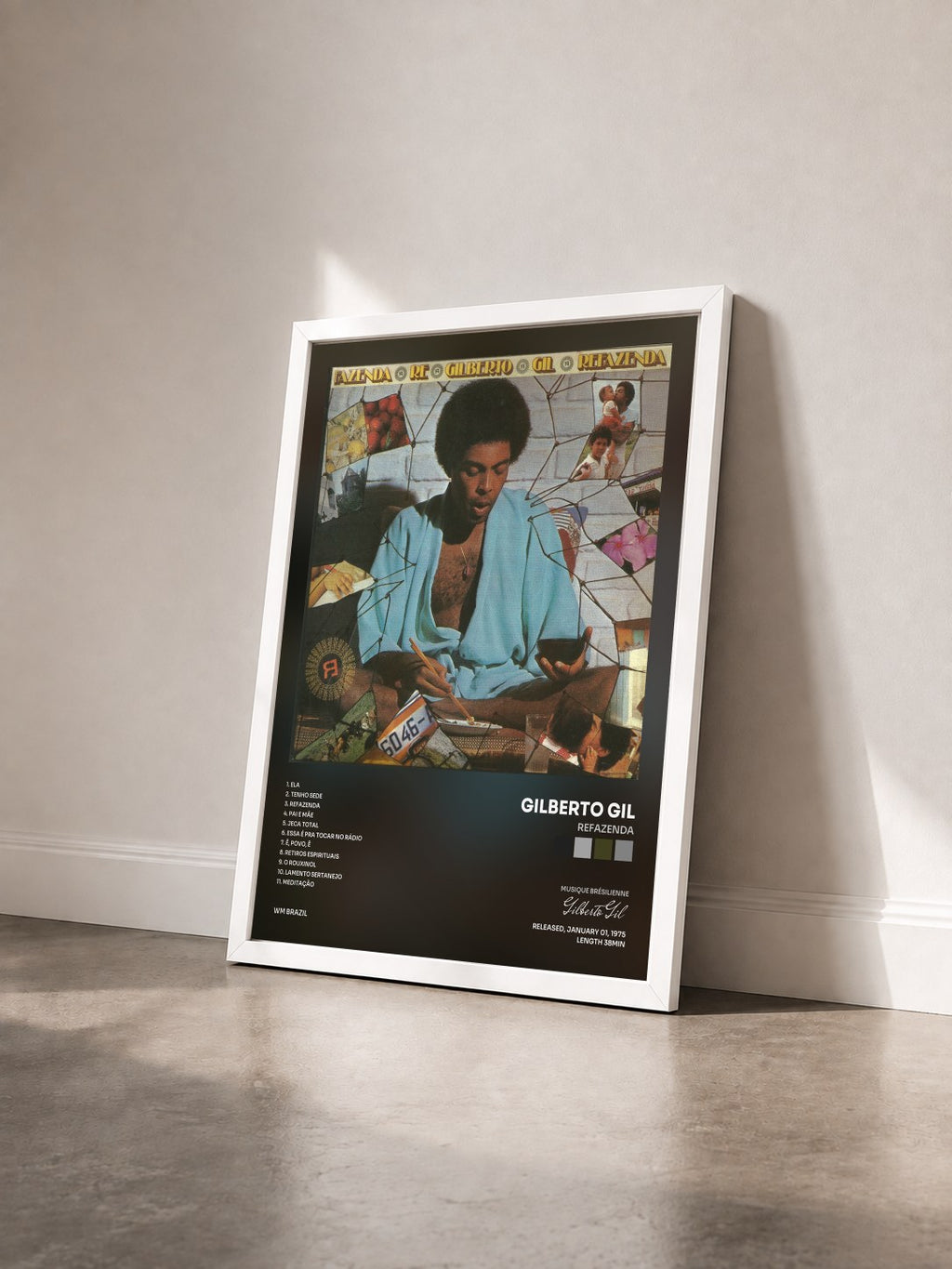 #blanc Tableau de l'album Refazenda de Gilberto Gil vu de trois quarts, cadre blanc