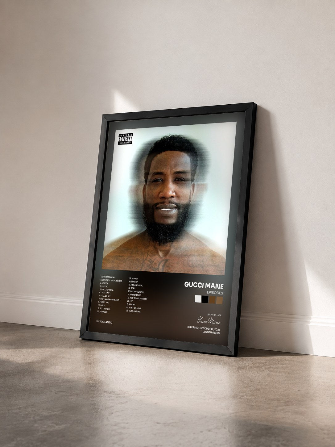 #noir Tableau de l'album Episodes de Gucci Mane vu de trois quarts, cadre noir