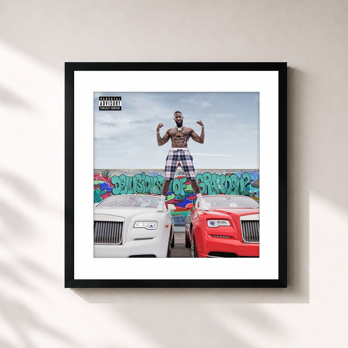 #noir Tableau carré de l'album Delusions of Grandeur de Gucci Mane, cadre noir 32x32 cm