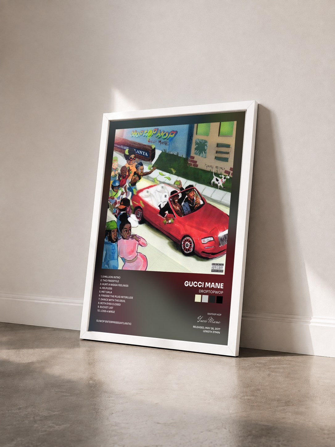 #blanc Tableau de l'album Droptopwop de Gucci Mane vu de trois quarts, cadre blanc