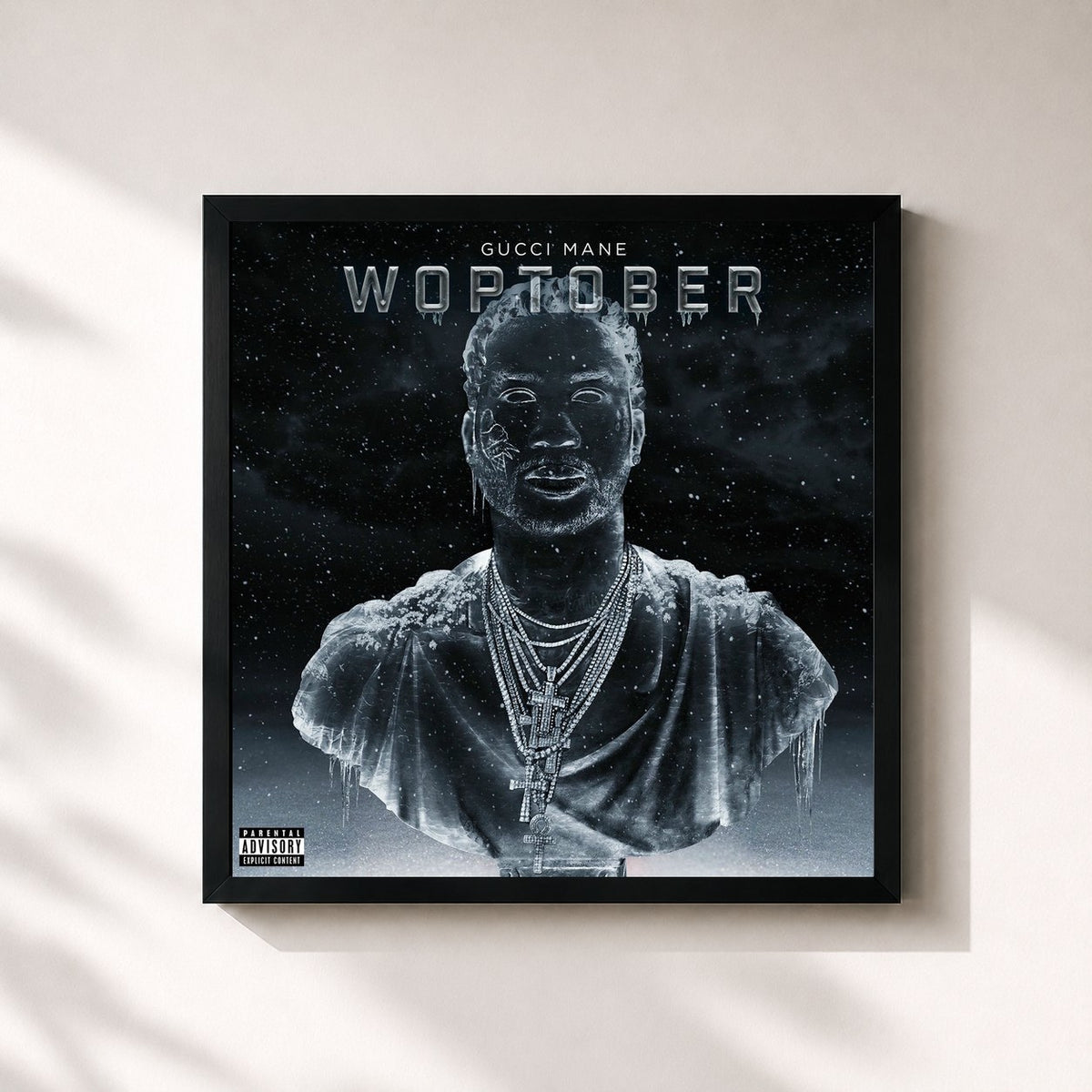 #noir Tableau carré de l'album WOPTOBER de Gucci Mane, cadre noir 32x32 cm