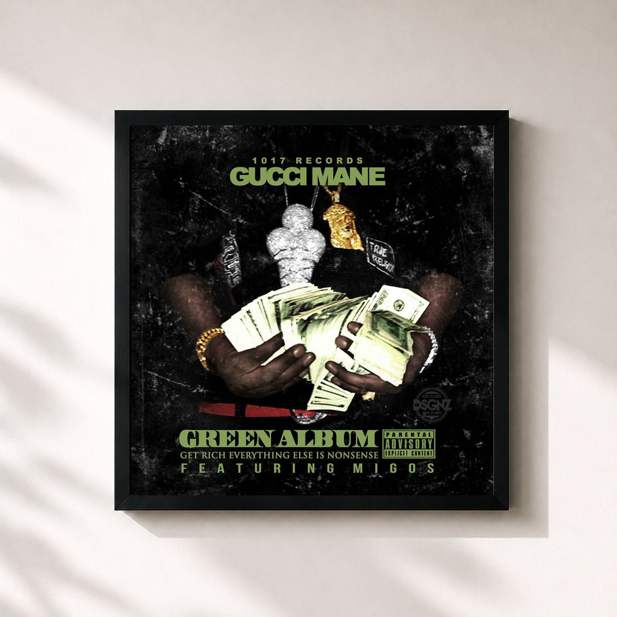 #noir Tableau carré de l'album Green Album de Gucci Mane, cadre noir 32x32 cm