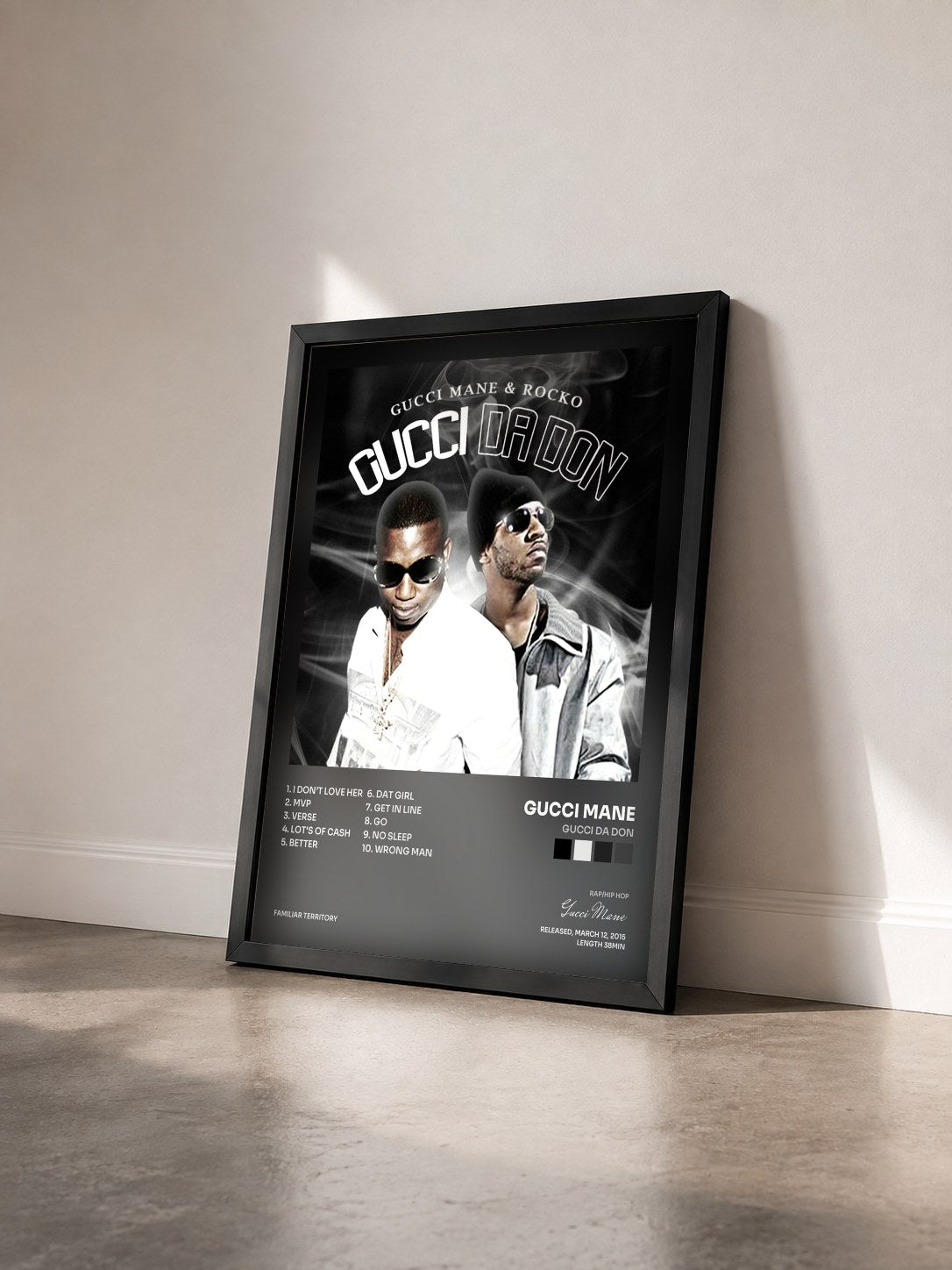 #noir Tableau de l'album Gucci Da Don de Gucci Mane vu de trois quarts, cadre noir