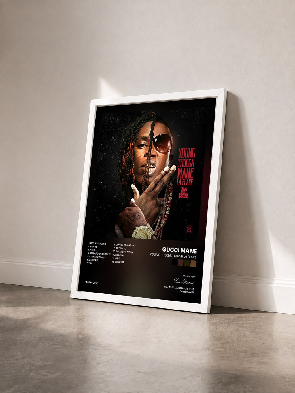 #blanc Young Thugga Mane La Flare by Gucci Mane as a framed art print seen at an angle, white frame