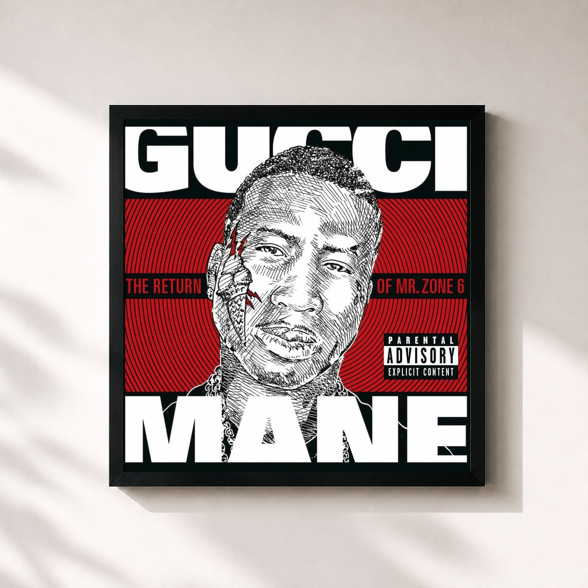 #noir The Return of Mr. Zone 6 de Gucci Mane en lámina cuadrada enmarcada, marco negro de 32x32 cm