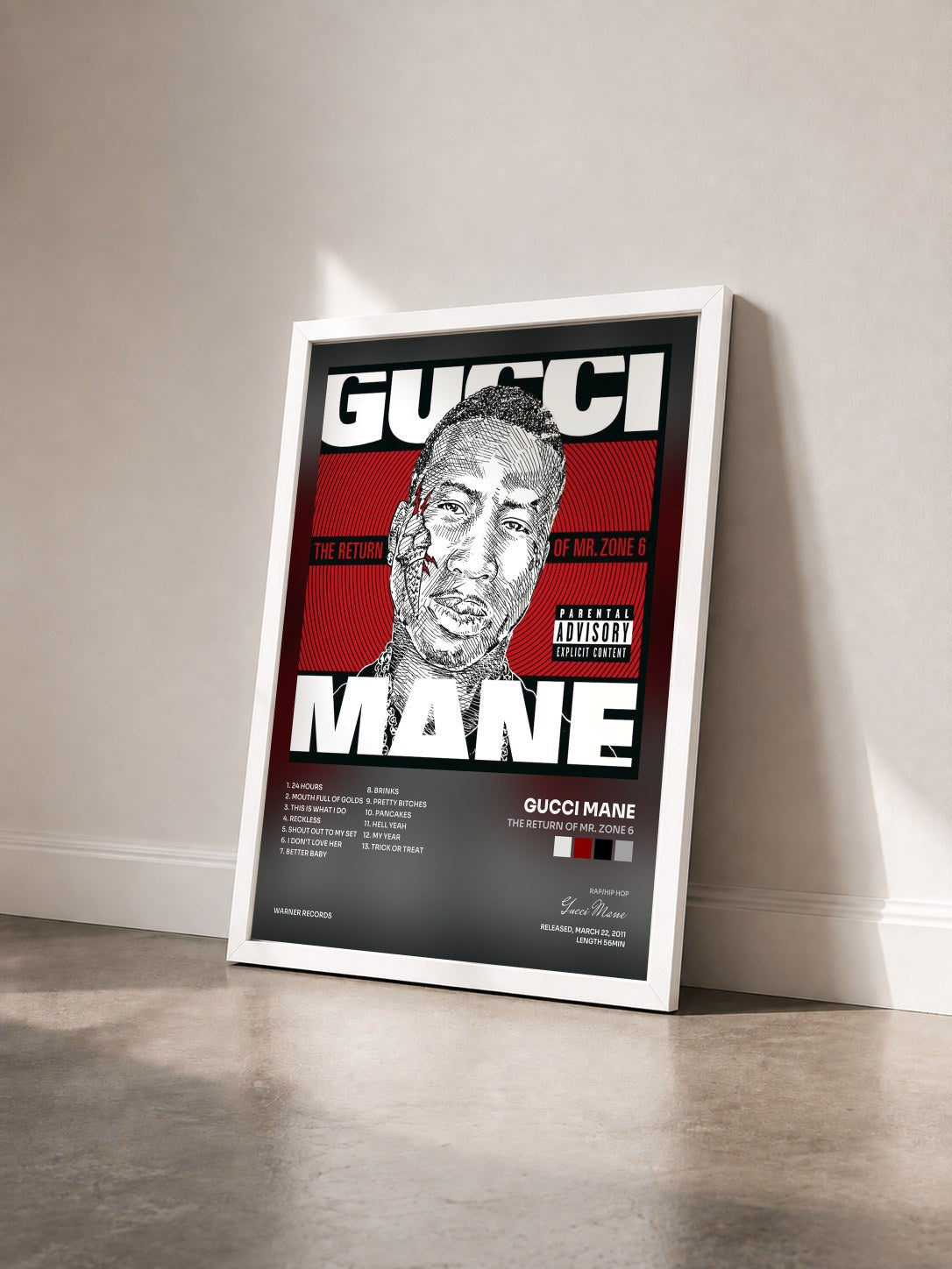 #blanc The Return of Mr. Zone 6 de Gucci Mane en lámina enmarcada vista de tres cuartos, marco blanco