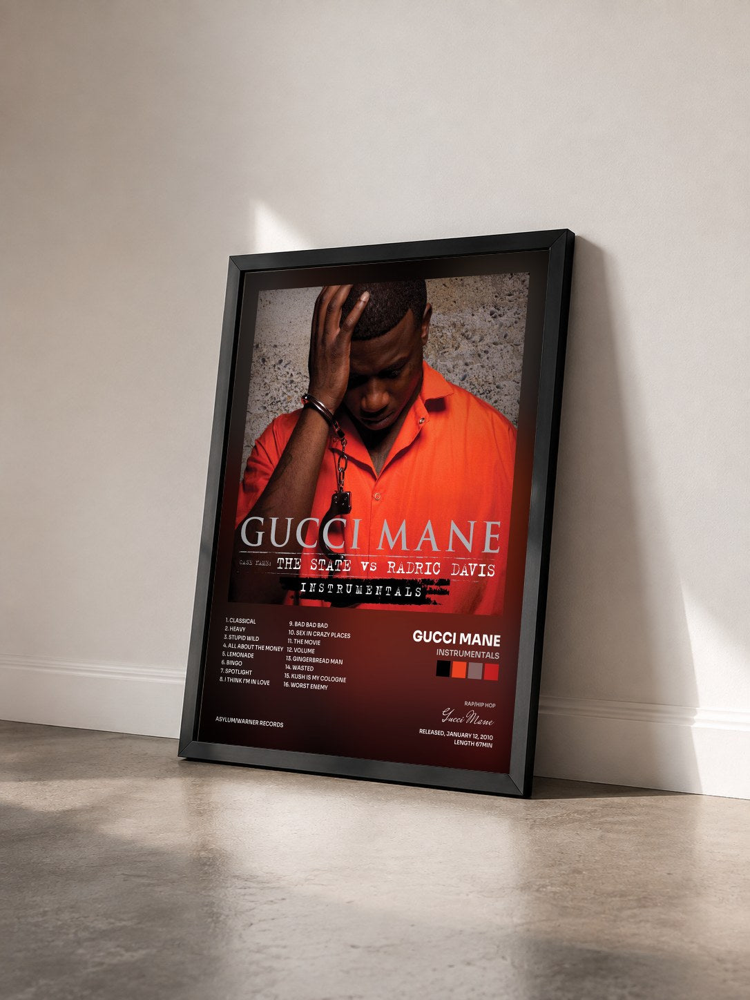 #noir Instrumentals de Gucci Mane en lámina enmarcada vista de tres cuartos, marco negro