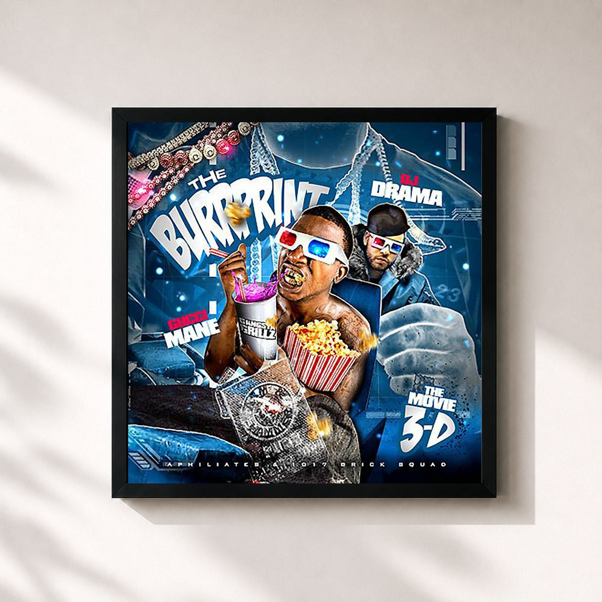 #noir Tableau carré de l'album The Burrprint (The Movie 3D) de Gucci Mane, cadre noir 32x32 cm