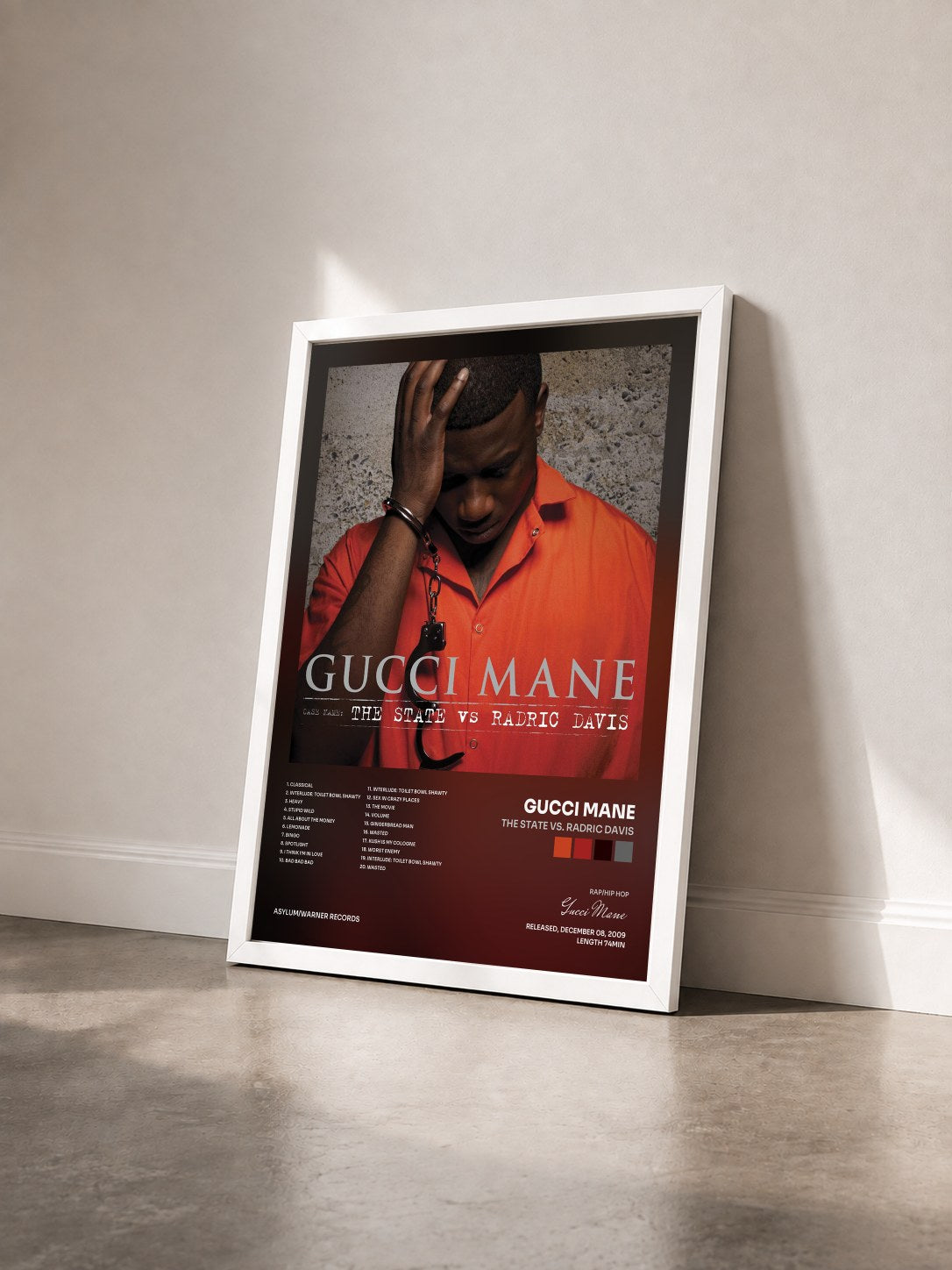 #blanc Tableau de l'album The State vs. Radric Davis de Gucci Mane vu de trois quarts, cadre blanc