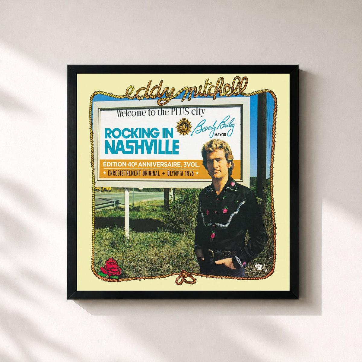 #noir Tableau carré de l'album Rocking In Nashville Edition 40ème Anniversaire de Eddy Mitchell, cadre noir 32x32 cm