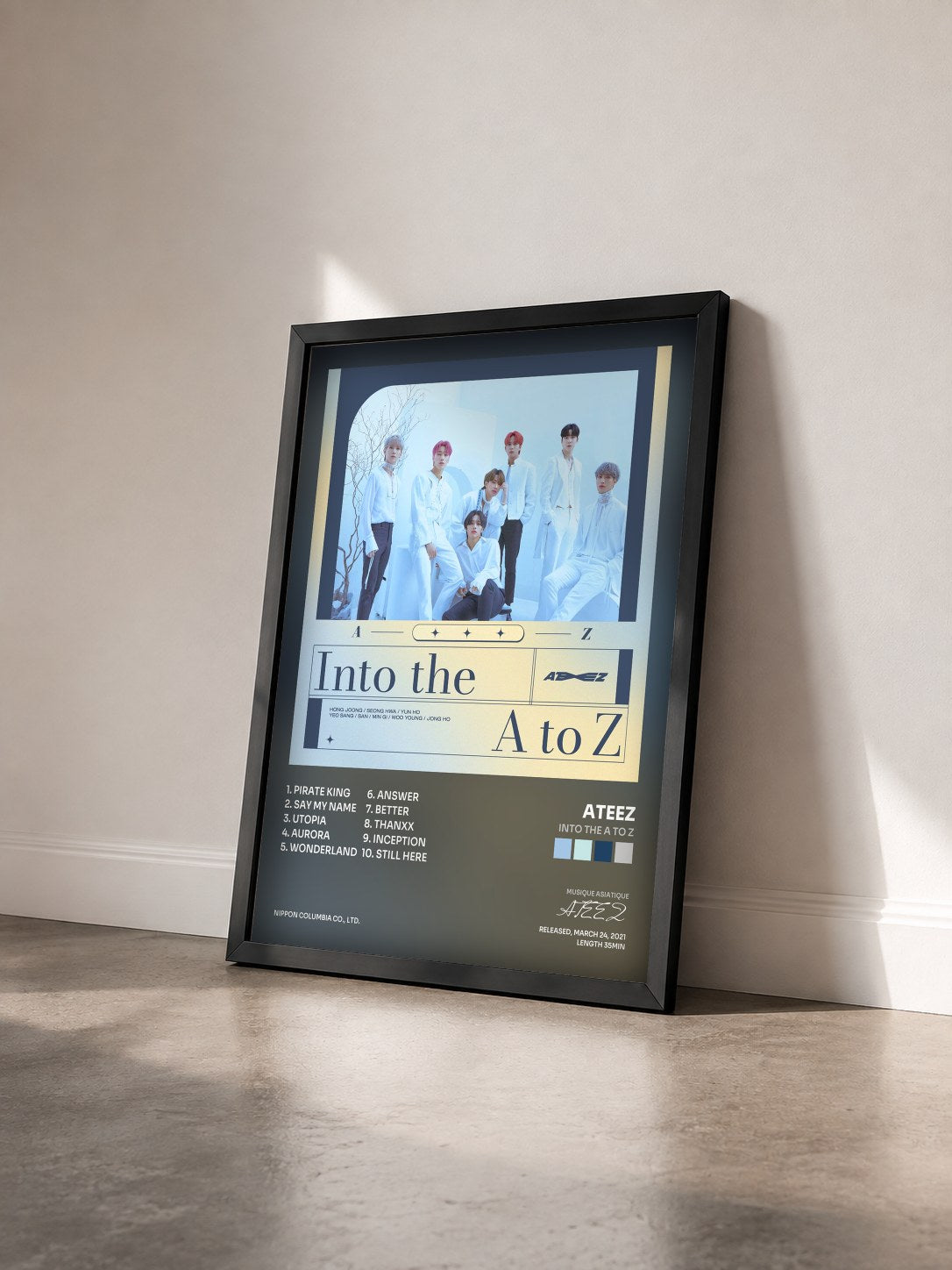 #noir Into the A to Z by ATEEZ as a framed art print seen at an angle, black frame