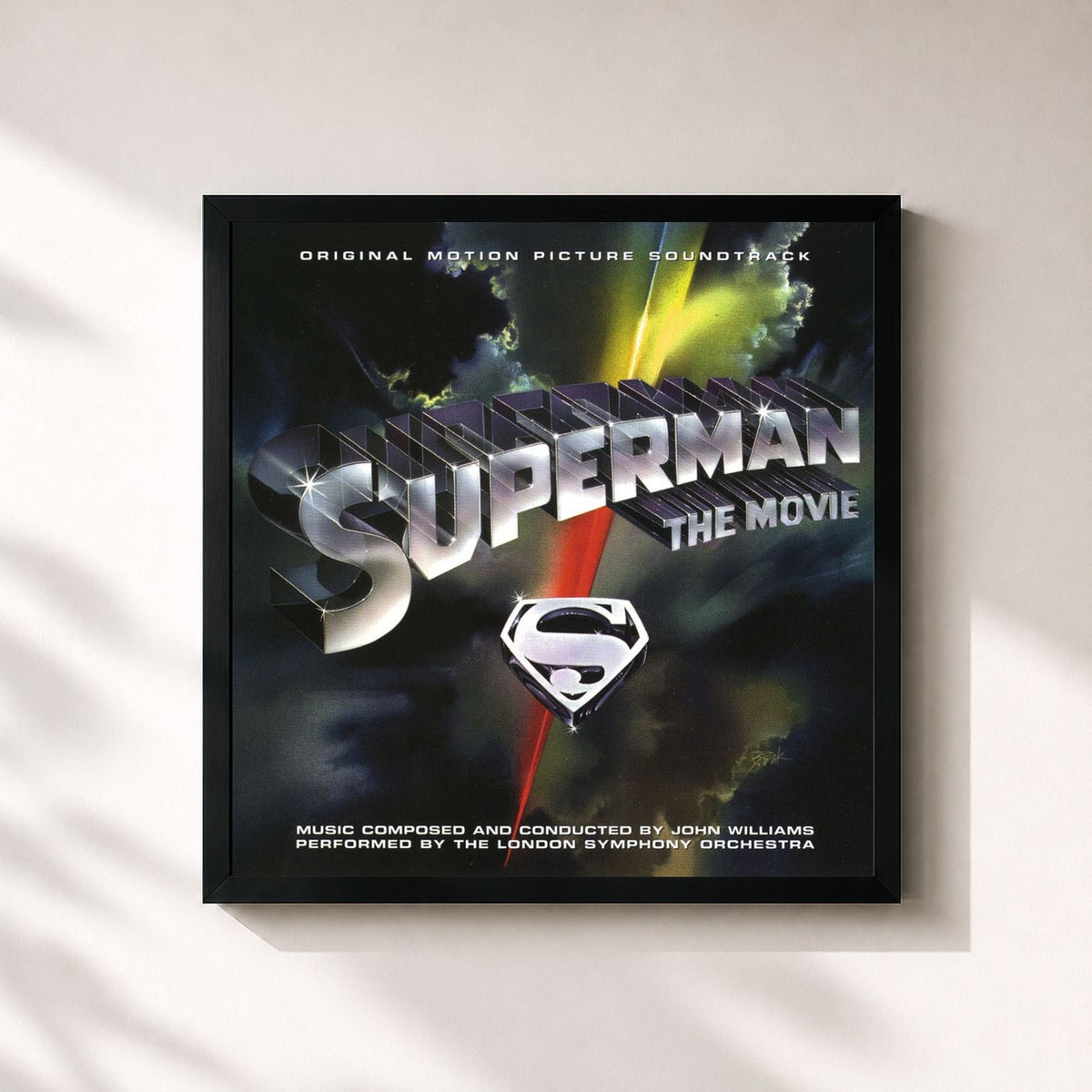 #noir Tableau carré de l'album Superman: The Movie (Original Motion Picture Soundtrack) de John Williams, cadre noir 32x32 cm