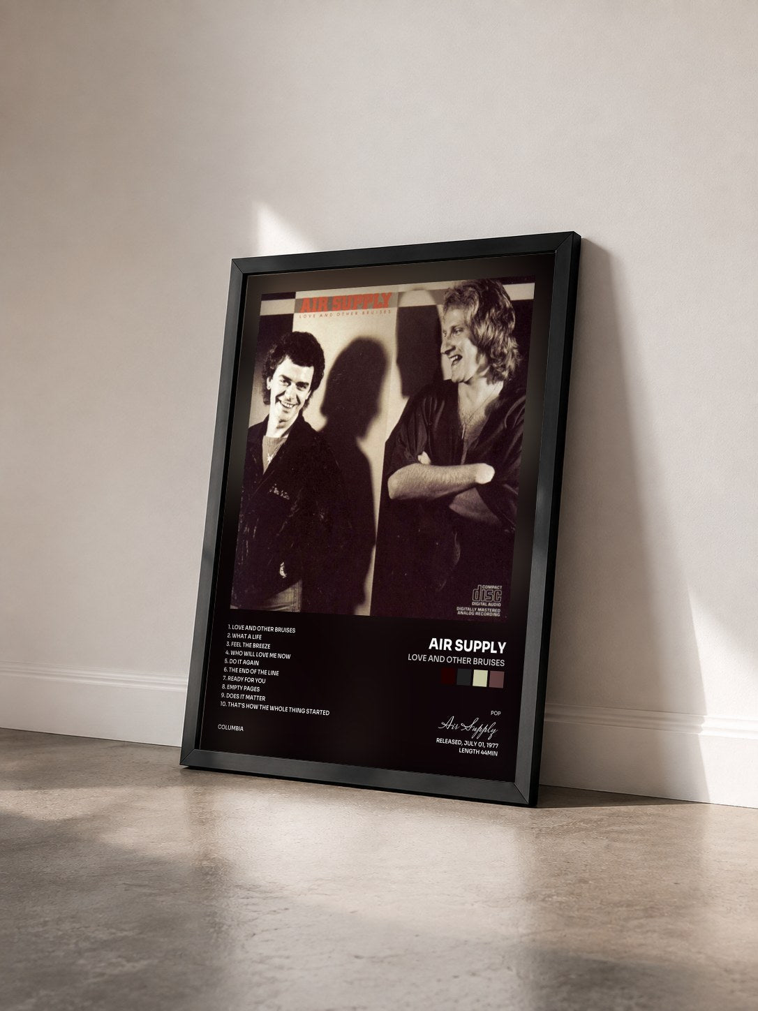 #noir Love And Other Bruises by Air Supply as a framed art print seen at an angle, black frame