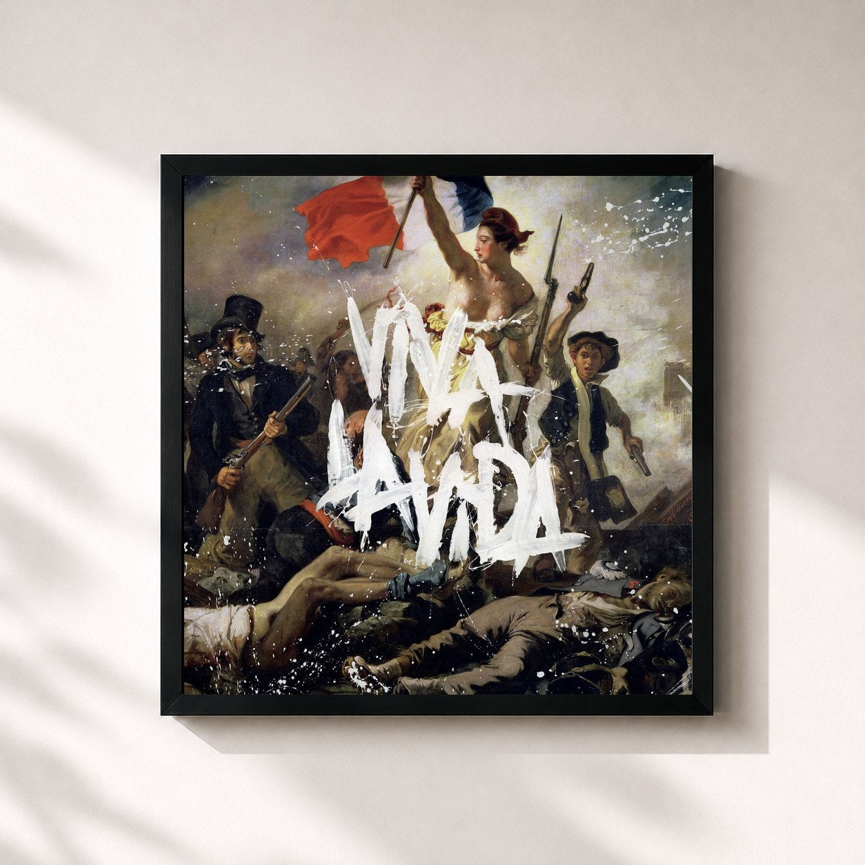 #noir Viva La Vida or Death and All His Friends by Coldplay as a square framed art print, black 32x32 cm frame