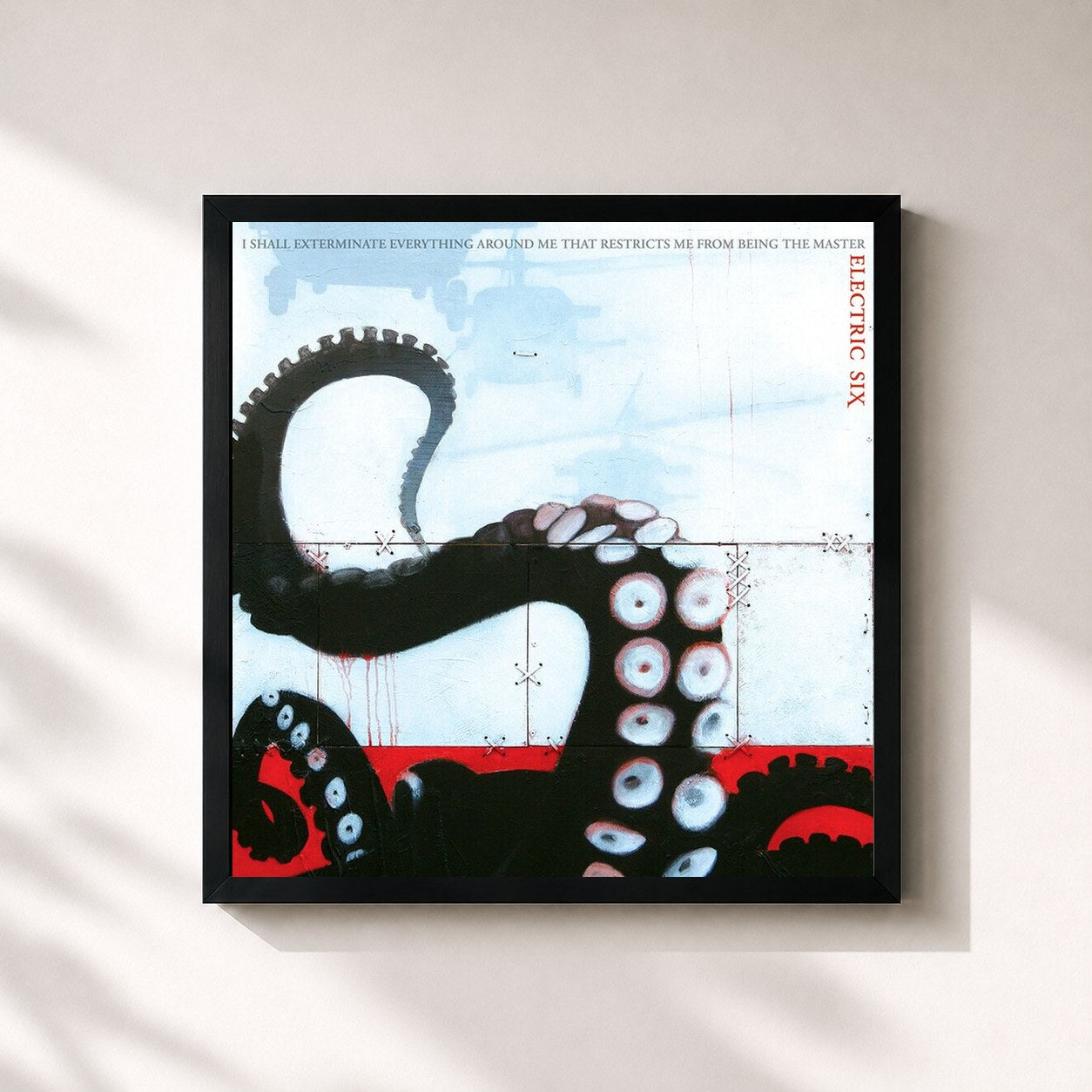 #noir Tableau carré de l'album I Shall Exterminate Everything Around Me That Restricts Me From Being The Master de Electric Six, cadre noir 32x32 cm