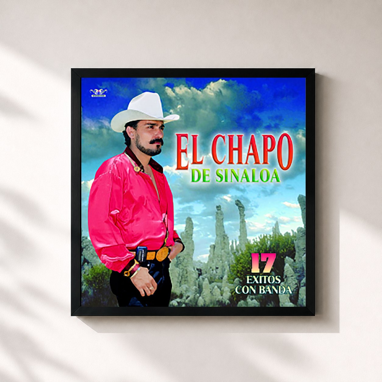 #noir Tableau carré de l'album 17 Exitos Con Banda de El Chapo De Sinaloa, cadre noir 32x32 cm