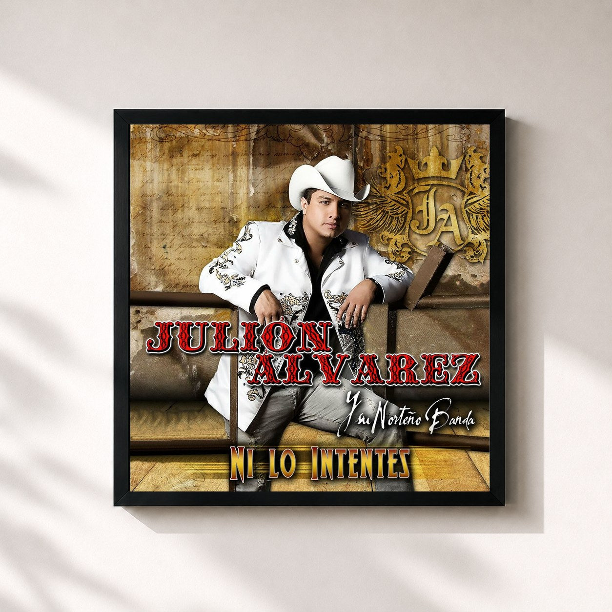 #noir Tableau carré de l'album Ni Lo Intentes de Julion Alvarez Y Su Norteño Banda, cadre noir 32x32 cm
